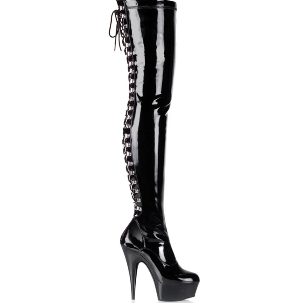 Indulge Patent Black Lace-Up Over the Knee Boots
